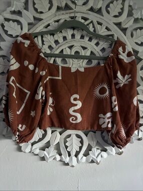 Paper Heart Rust Brown Printed Off-Shoulder Crop Top with Puff Sleeves